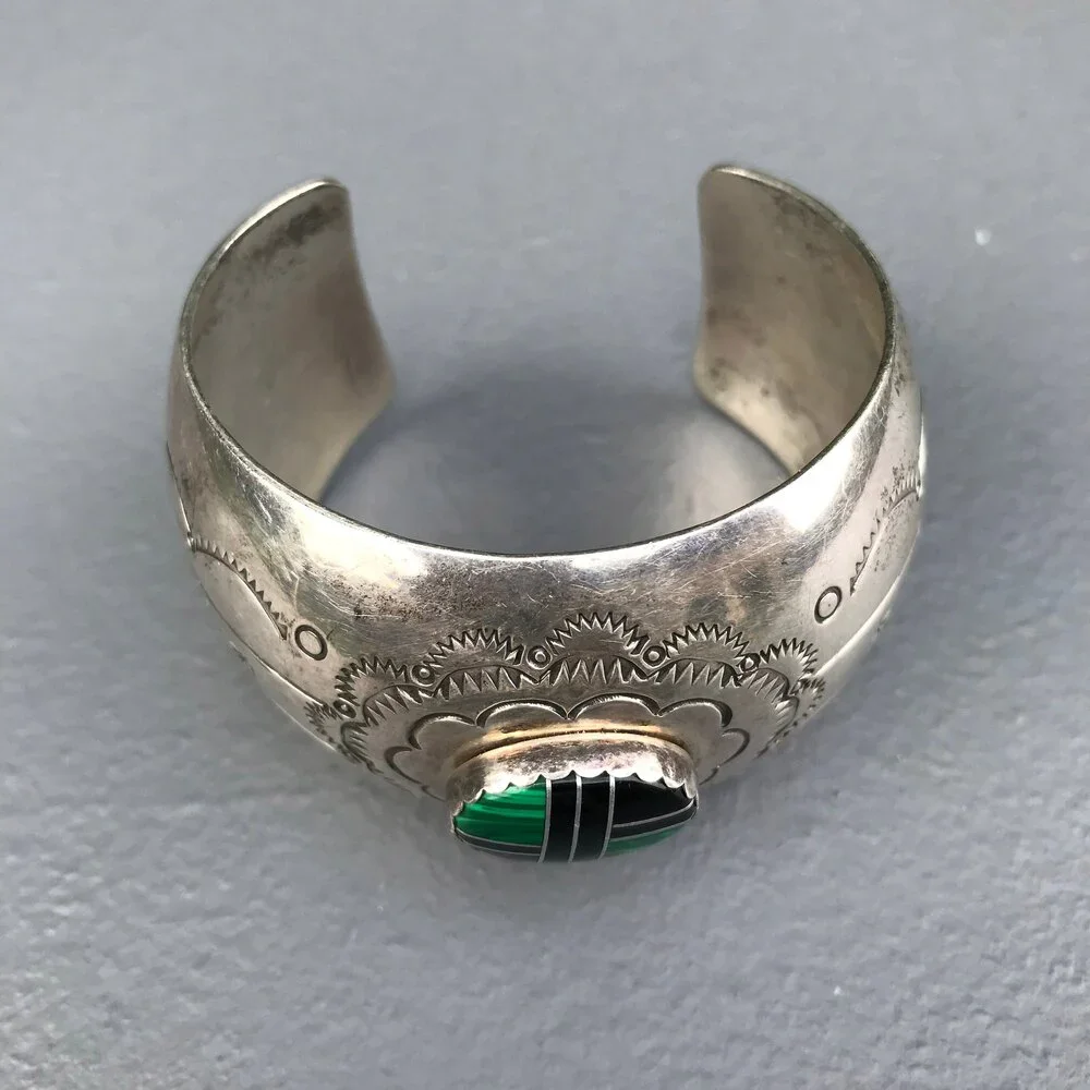 Vintage Sterling Silver Cuff Bracelet Inlay work Stamped Mexican Silver Jewelry - Picture 4 of 8